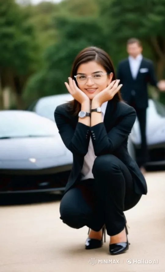 Woman in Suit Prepares for Rain by Luxury Car – AI Generated Video | Hailuo AI
