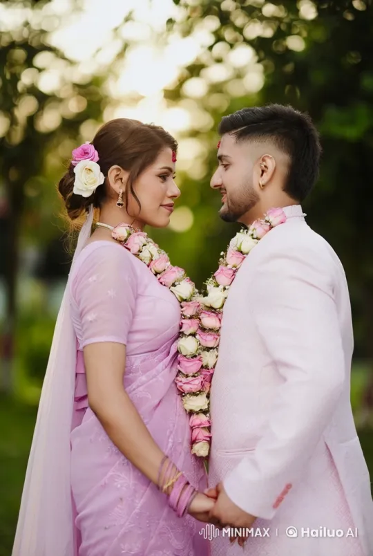 Romantic Couple in Elegant Pink Traditional Attire with Flower Garlands – AI Generated Video | Hailuo AI