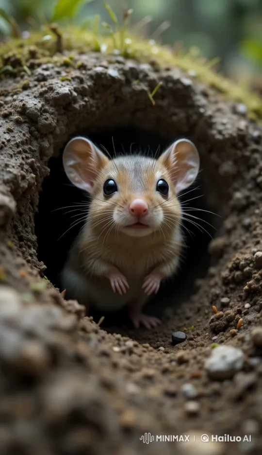 Curious Mouse Explores Tranquil Burrow Surroundings – AI Generated Video | Hailuo AI