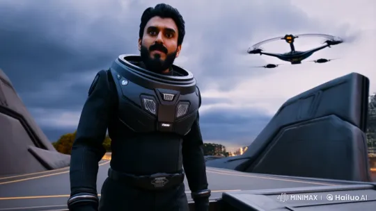 Futuristic Arrival: Bearded Man Steps into Advanced World – AI Generated Video | Hailuo AI