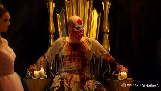 Terrifying Clown King with Ethereal Followers in Dim Cave – AI Generated Video | Hailuo AI