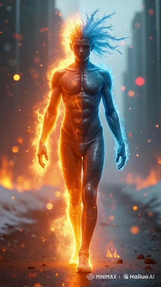 Humanoid Figure Runs Through Fiery-Icy Cityscape – AI Generated Video | Hailuo AI