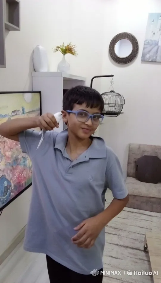 Young Person Gently Interacts with Bird in Cozy Room – AI Generated Video | Hailuo AI