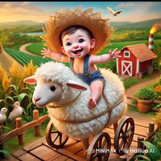 Child Joyfully Rides Sheep Cart in Pastoral Paradise – AI Generated Video | Hailuo AI