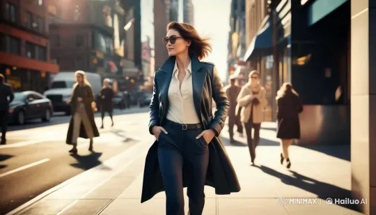 Professional Woman Walks Through Bustling City Street – AI Generated Video | Hailuo AI