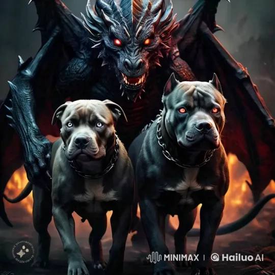 Dragons and Pit Bulls Stand Guard in Fiery Scene – AI Generated Video | Hailuo AI
