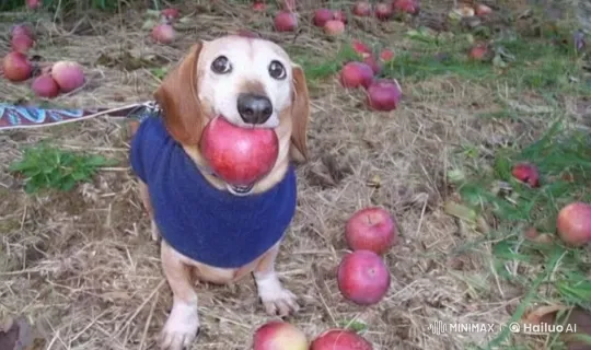 Cute Dog Exchanges Apple for Sausage in Pastoral Setting – AI Generated Video | Hailuo AI