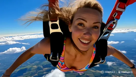 Thrilling Skydive: Woman's Excitement in the Sky – AI Generated Video | Hailuo AI