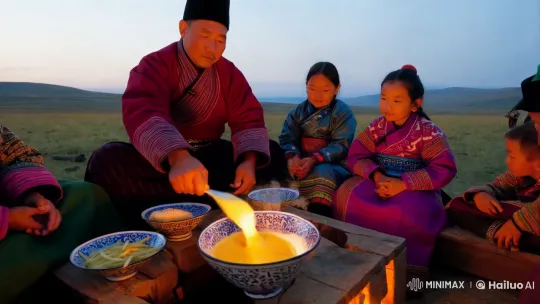 Mongolian Family Preparing Buza by Campfire – AI Generated Video | Hailuo AI