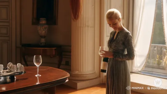 Elegant Woman Appreciates View with Wine in Serene Room – AI Generated Video | Hailuo AI