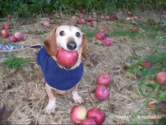Adorable Dog with Apple in Peaceful Garden – AI Generated Video | Hailuo AI