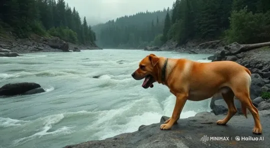 Dog Frightened by River, Flees to Forest – AI Generated Video | Hailuo AI