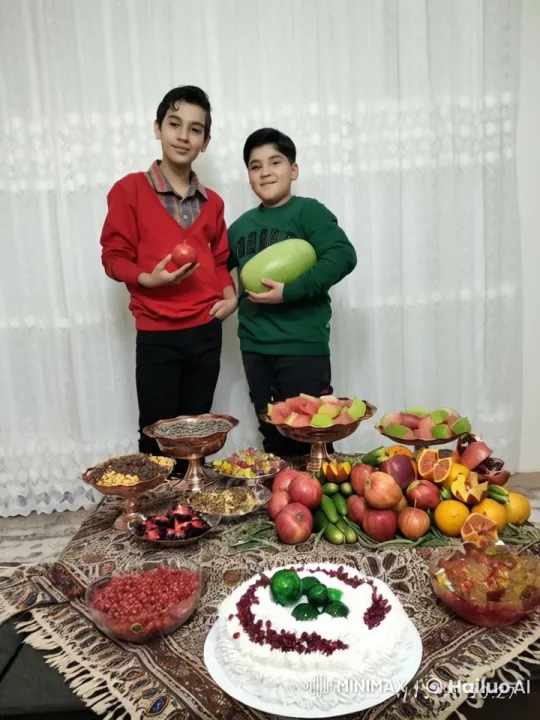 Boys Share Sweet Kiss Amidst Festive Fruit and Cake Display – AI Generated Video | Hailuo AI