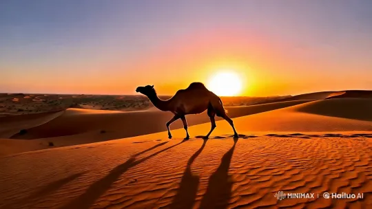 Camel Strides Through Desert at Sunset – AI Generated Video | Hailuo AI