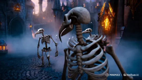 Fantastical Medieval Cityscape with Skeletal Beaked Creatures – AI Generated Video | Hailuo AI