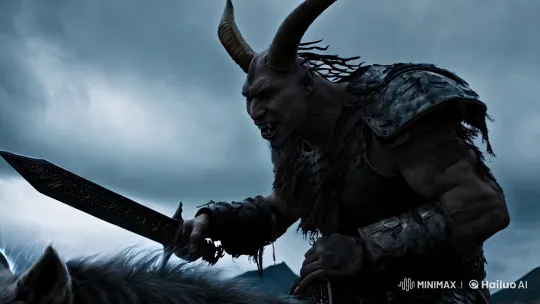 Viking Monster Hybrid in Dark Cinematic Scene – AI Generated Video | Hailuo AI