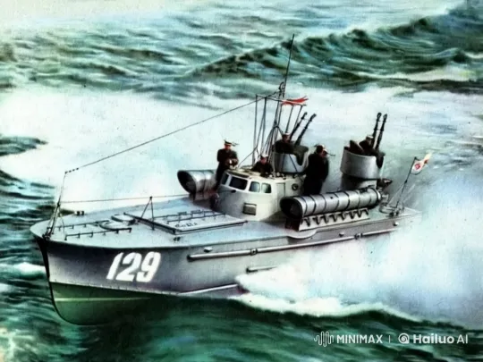 Torpedo Boat 129 Launches at Sunset Over Turbulent Sea – AI Generated Video | Hailuo AI