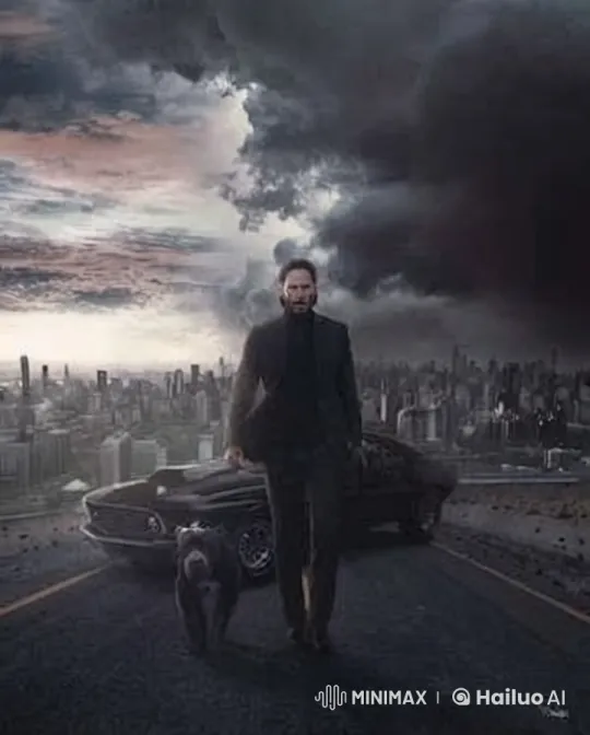 John Wick: Gritty Walk with Dog Amidst Stormy Urban Threat – AI Generated Video | Hailuo AI