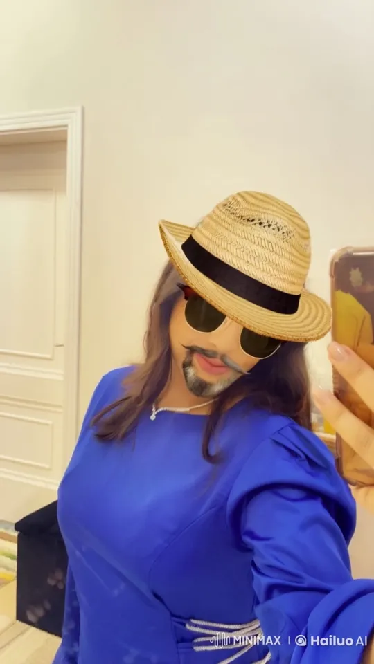 Woman in Blue Dress Simulates Smoking in Mirror Selfie – AI Generated Video | Hailuo AI