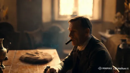 Contemplative Man Smokes Cigar in Vintage Setting – AI Generated Video | Hailuo AI