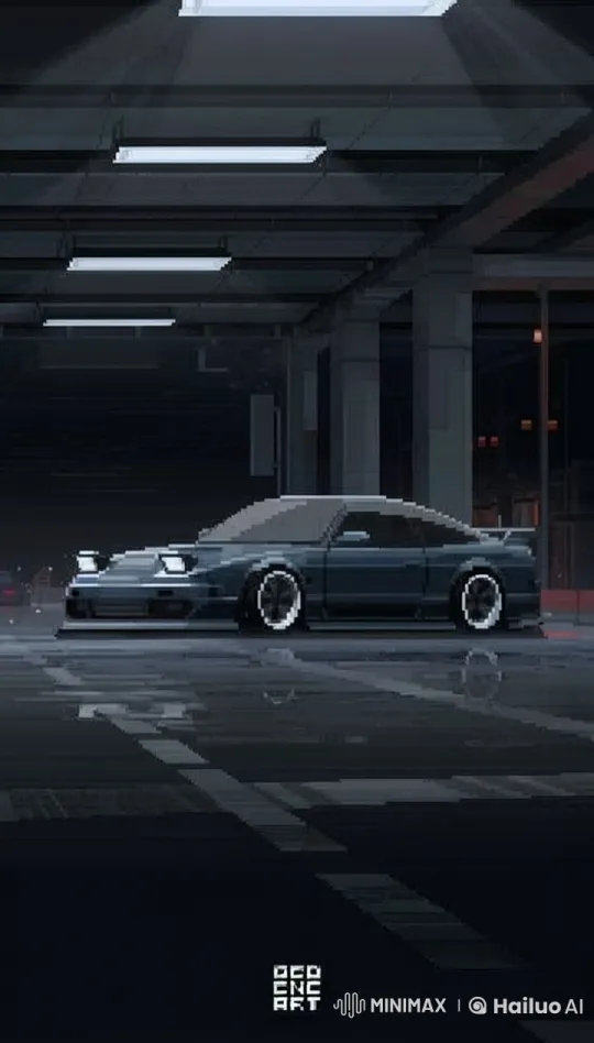 Pixel Art Sports Car in Atmospheric Parking Garage – AI Generated Video | Hailuo AI