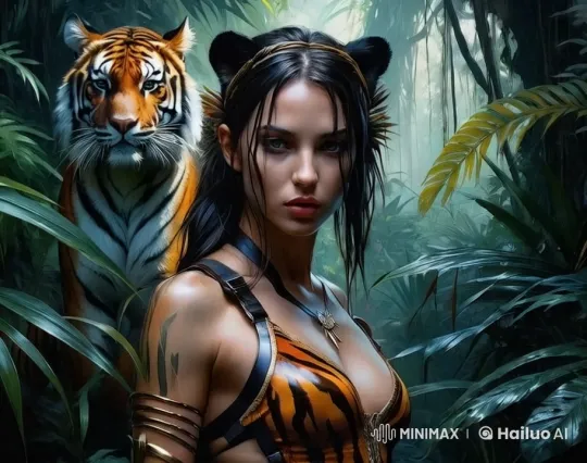 Girl and Tiger Move in Harmony Through Dense Jungle – AI Generated Video | Hailuo AI