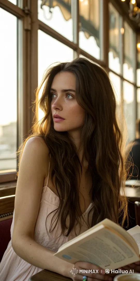 Young Woman Reflecting in a Sunlit Café Window – AI Generated Video | Hailuo AI