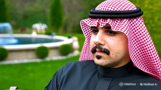 Man Reflects in Peaceful Garden with Traditional Attire – AI Generated Video | Hailuo AI