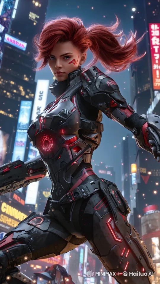 Futuristic Overwatch Character in Cyberpunk Cityscape – AI Generated Video | Hailuo AI