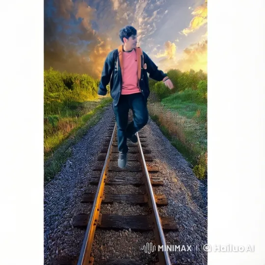 Person Leaps with Joy on Railroad Track at Sunset – AI Generated Video | Hailuo AI