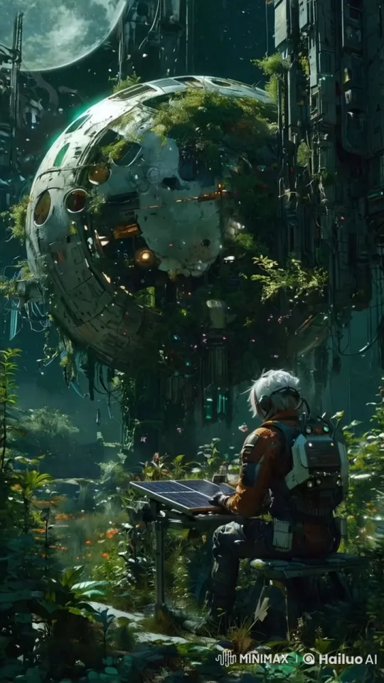 Astronaut in Lush, Futuristic Forest Adjusting Solar Panel – AI Generated Video | Hailuo AI