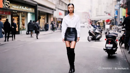 Asian Model Showcases Poise in Urban Fashion Film – AI Generated Video | Hailuo AI