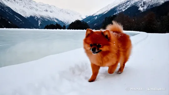 Energetic Pomeranian Frolics in Winter Wonderland – AI Generated Video | Hailuo AI