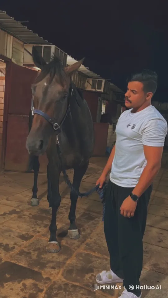 Man and Horse in Tranquil Stable Night Scene – AI Generated Video | Hailuo AI