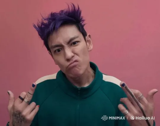 Man with Purple Hair Terrified by Approaching Fork – AI Generated Video | Hailuo AI