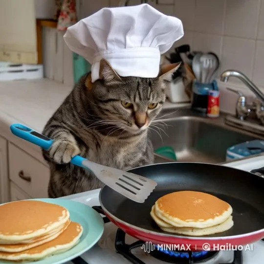 Tabby Cat Chef Cooks Pancakes in Neat Kitchen – AI Generated Video | Hailuo AI