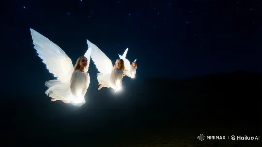 Angels Gliding Through Night Sky in Majestic Display – AI Generated Video | Hailuo AI
