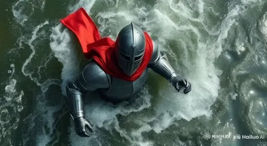 Knight in Red Cape Bravely Swims Through Turbulent Waters – AI Generated Video | Hailuo AI