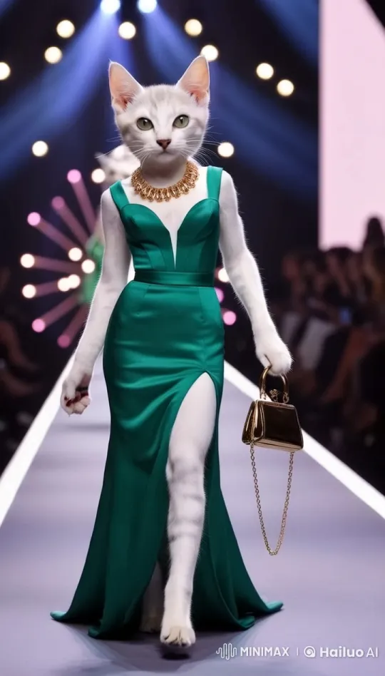Stylish White Cat Struts in Glamorous Green Dress at Fashion Show – AI Generated Video | Hailuo AI