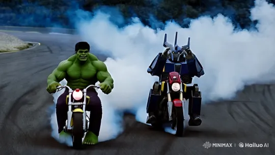 Hulk and Transformer Robot in Intense Motorcycle Race – AI Generated Video | Hailuo AI