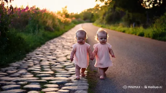 Twins Holding Hands on a Tranquil Road – AI Generated Video | Hailuo AI