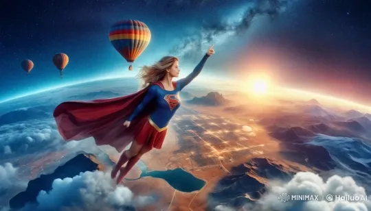 Supergirl Ascends to Orbit Amidst Sunrise and Hot Air Balloons – AI Generated Video | Hailuo AI