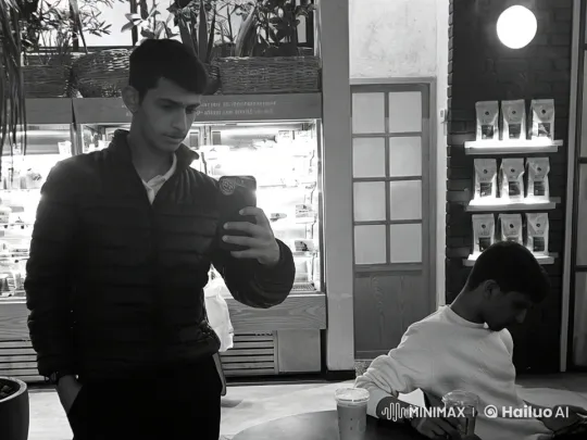 Café Reflection: Person Checks Mirror, Smoker Exhales – AI Generated Video | Hailuo AI