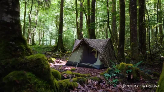 Camouflaged Tent in Serene Forest Scene – AI Generated Video | Hailuo AI