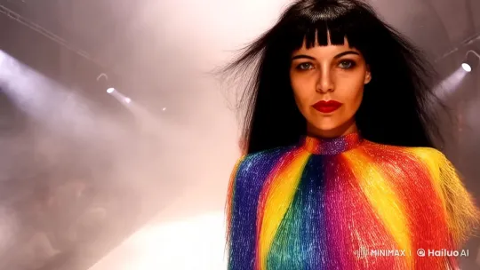Stunning Model Struts in Avant-Garde Rainbow Outfit on Dramatic Runway – AI Generated Video | Hailuo AI