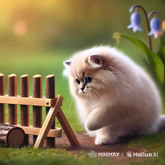 Fluffy Kitten Hesitates Over Wooden Hurdle – AI Generated Video | Hailuo AI
