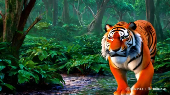 The Struggle and Grace of a Majestic Tiger in the Forest – AI Generated Video | Hailuo AI