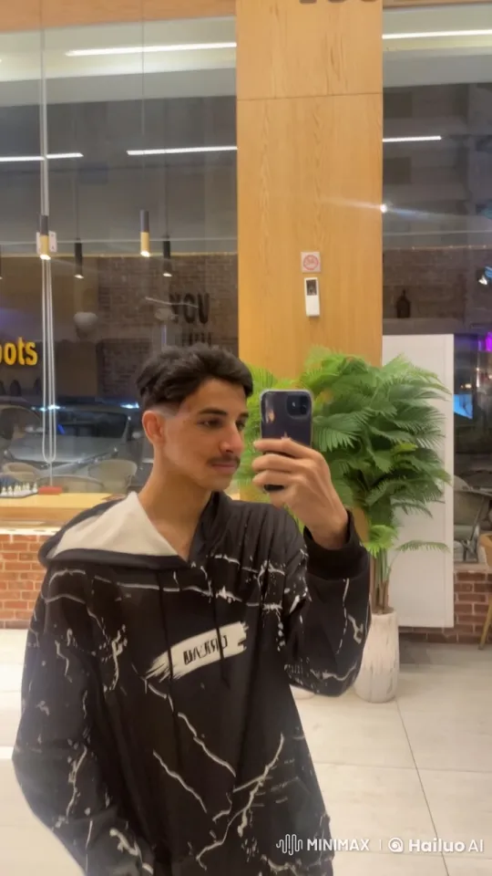 Young Man Takes Relaxed Mirror Selfie in Modern Space – AI Generated Video | Hailuo AI