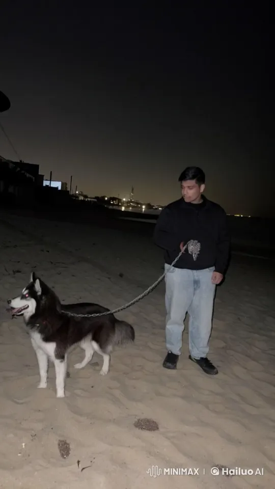 Night-time Beach Walk with Husky and Cigarette – AI Generated Video | Hailuo AI