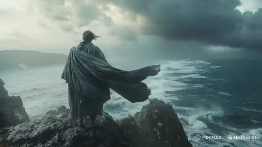 Dramatic Solitude: Figure on a Stormy Cliff – AI Generated Video | Hailuo AI